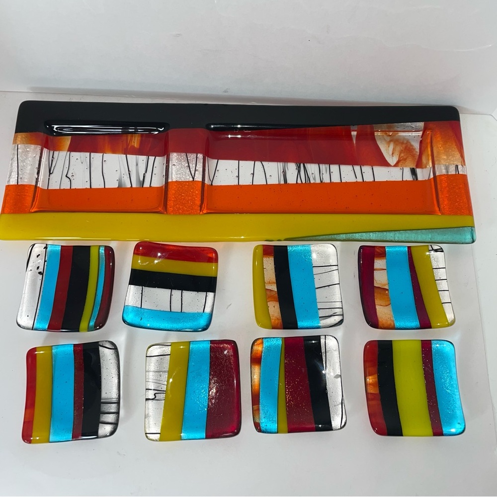 Maggie Gallen Fused Art Glass 2 Section 18” Tray with 8 Dishes MCM Signed 2009